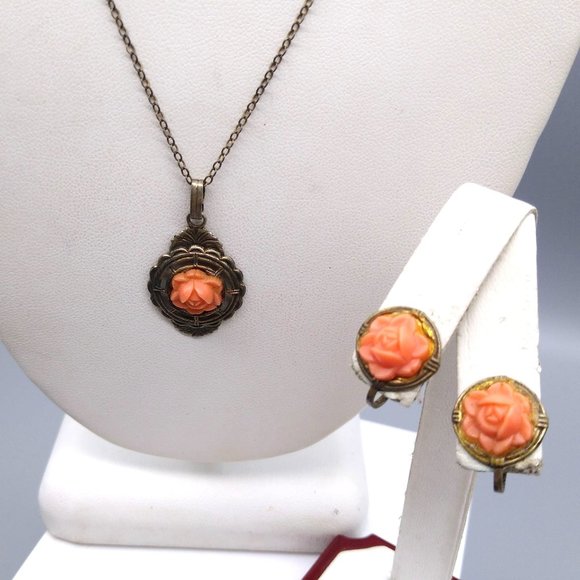 Vintage Celluloid Coral Carved Parure on Sterling Silver with Gold Wash Vermeil - Picture 8 of 8